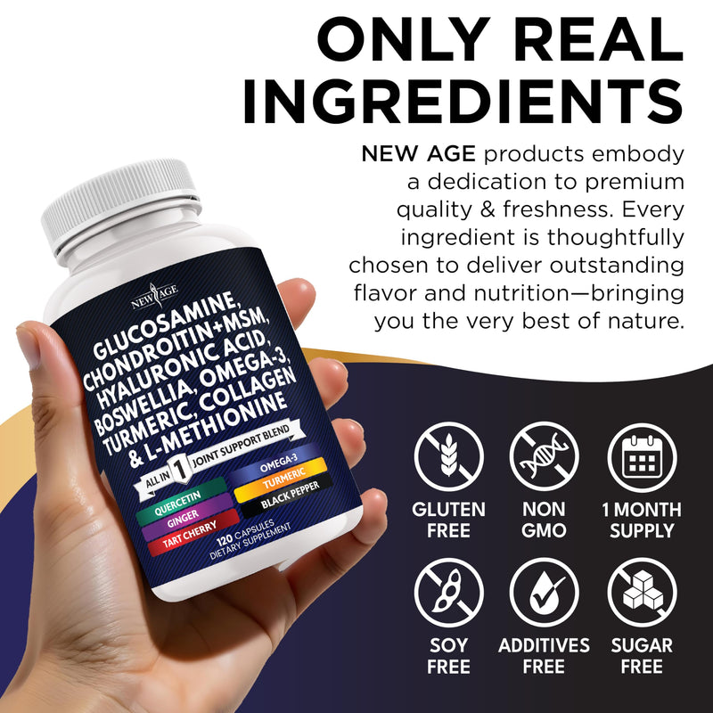 Glucosamine Chondroitin, MSM, Turmeric Curcumin, Collagen, Hyaluronic Acid, Omega 3 – Joint Health Supplement for Men & Women – 120 Count 120 Count (Pack of 1)