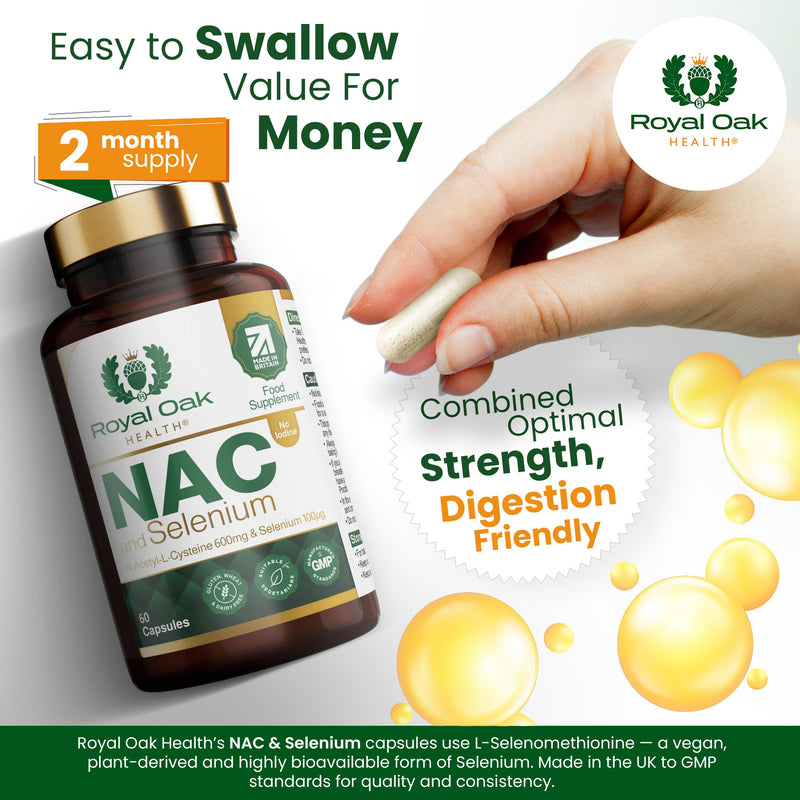 NAC 600mg + Selenium 200µg | N-Acetyl L-Cysteine with L-Selenomethionine | High Strength Premium Form | Iodine Free | 60 Capsules | Vegan | UK Made NAC with Selenium