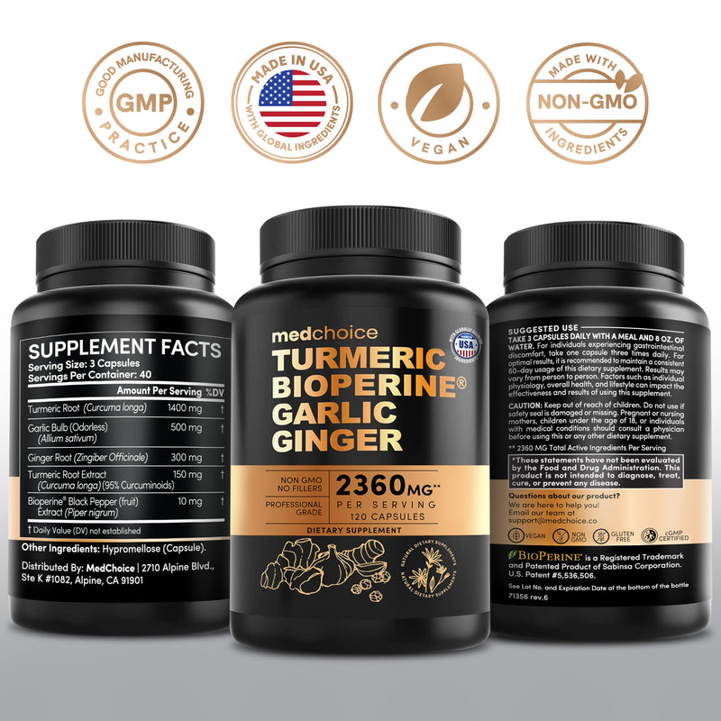 MEDCHOICE 4-in-1 Turmeric Joint Support with Garlic & BioPerine, 120ct | Mobility, Flexibility and Digestive Comfort Support, Turmeric with Garlic and BioPerine, Joint Supplement 120 Count (Pack of 1)