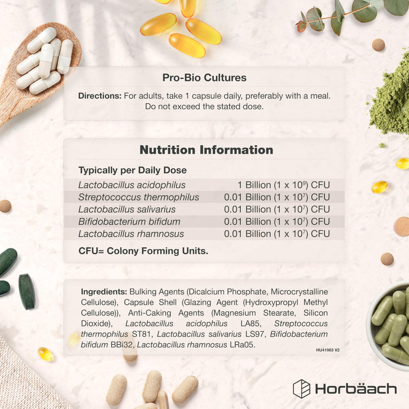 Pro-Bio Cultures Complex 60 Billion CFU Per Pack | Advanced Multi-Strain Pro-Bio with Lactobacillus Acidophilus, Bifidobacterium | 60 Vegan Capsules | Supplement for Men & Women | by Horbaach