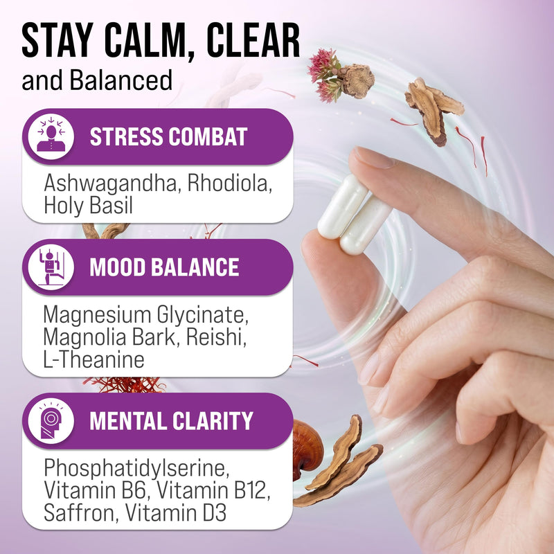Cortisol Support Supplement for Women & Men | Ashwagandha, Magnesium Glycinate, L-Theanine & Rhodiola | Supports Healthy Cortisol Levels, Relaxation, Calm Mood & Mental Clarity | 120 Vegan Capsules