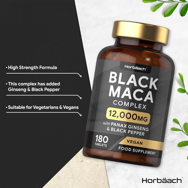 [Australia] - Maca Root Capsules | High Strength | Black Maca Complex | with Black Maca, Panax Ginseng, Yellow Maca & Black Pepper | 180 Vegan Tablets | by Horbaach 
