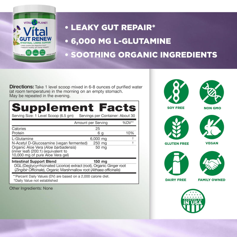 Vital Planet - Vital Gut Renew Powder Supplement for Leaky Gut Repair with L-Glutamine, Marshmallow and Ginger Root, DGL Licorice Root and Organic Aloe Vera, L Glutamine 6000mg 6.88 oz