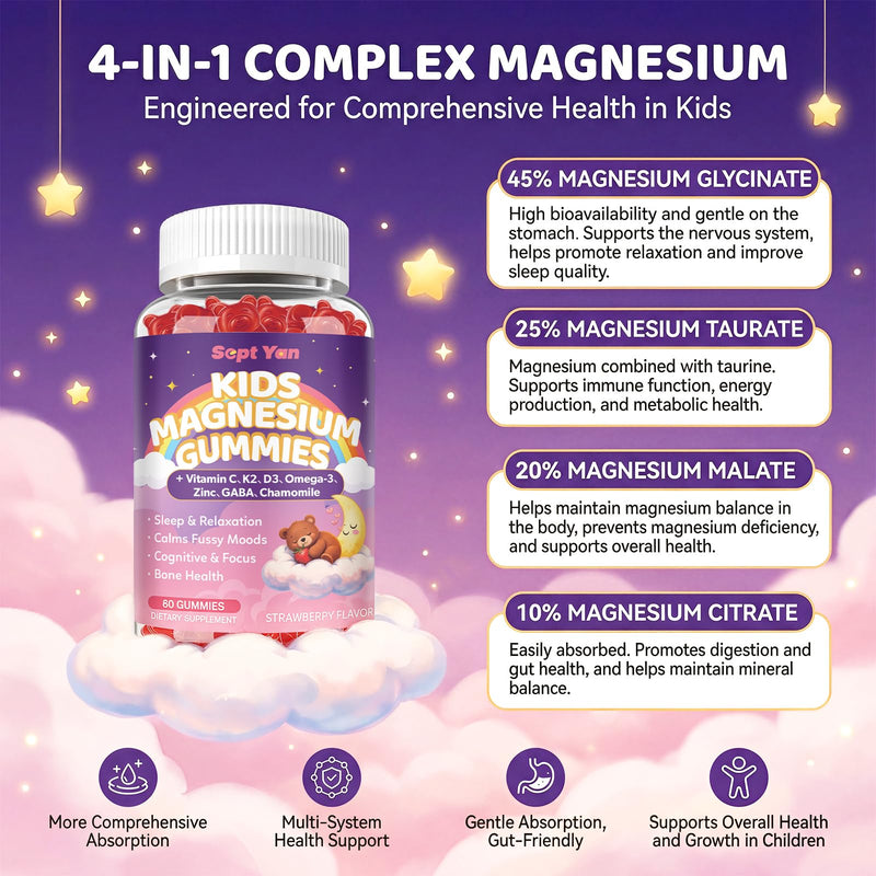 Magnesium Calming Gummies for Kids & Adults, Magnesium Complex with L-Theanine, Vitamin C, K2, D3, Omega-3, GABA, Chamomile for Sleep, Stress Relief, Muscle,Calm & Relaxation,Strawberry Flavor,120Ct Strawberry 120 Count (Pack of 1)
