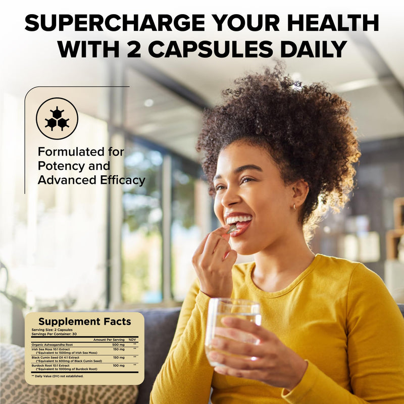[Australia] - Organic Ashwagandha Root & Irish Sea Moss – 3,600 mg Ashwagandha Supplement with Black Seed Oil, & Burdock Root – Herbal Supplement for Energy, Worry, & Wellness, 60 Caps 60 Count (Pack of 1) 
