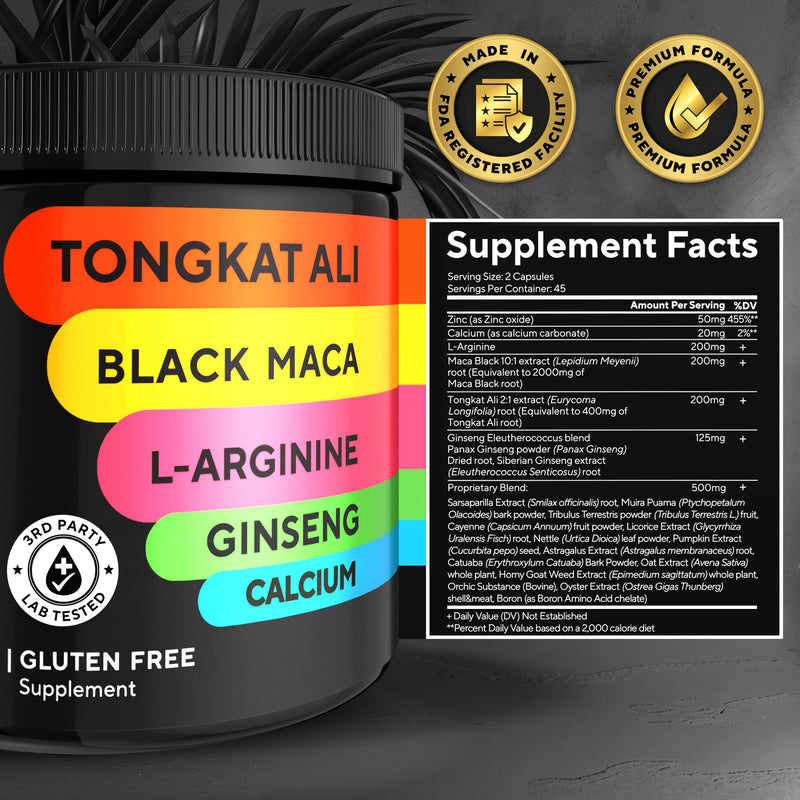 [Australia] - Tongkat Ali for Men 20 in 1 with Astragalus - USA Made Mens Supplement Complex with Black Maca Root, L-Arginine, Ginseng, Calcium, Astragalus for Normal Strength & Endurance Support - 90 Caps 