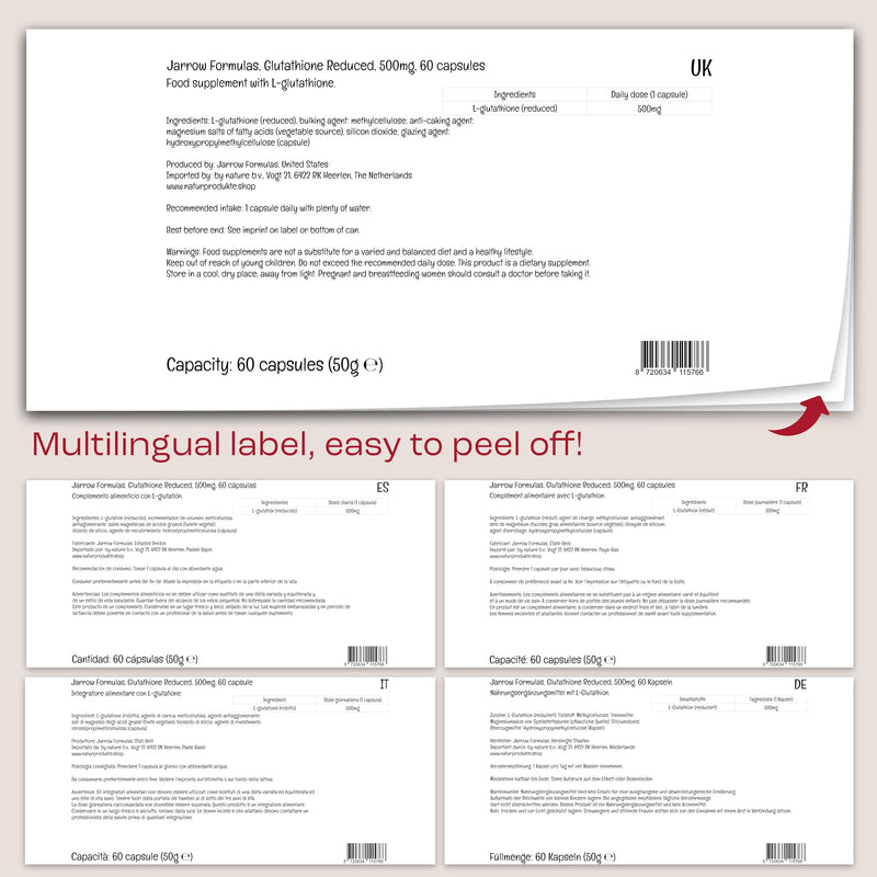Jarrow Formulas, L-Glutathione, 500mg, Highly Dosed, 60 Vegan Capsules, Vegetarian, Soy-Free, Gluten-Free, GMO-Free