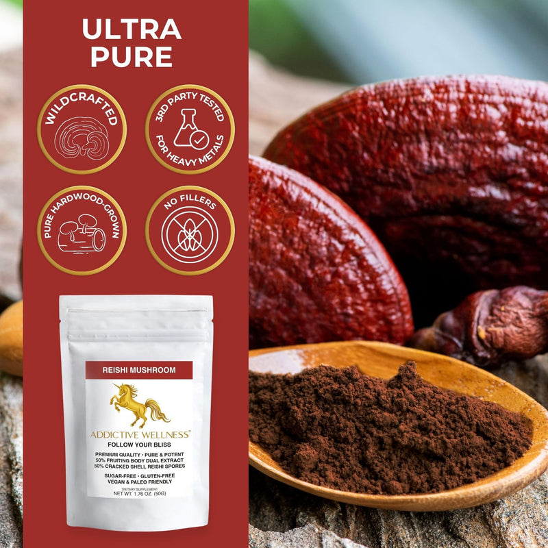 Addictive Wellness Reishi Mushroom Extract Powder + Spores (50/50 Blend) Wood Grown Pure & Potent Wildcrafted Ganoderma 50 g (Pack of 1)