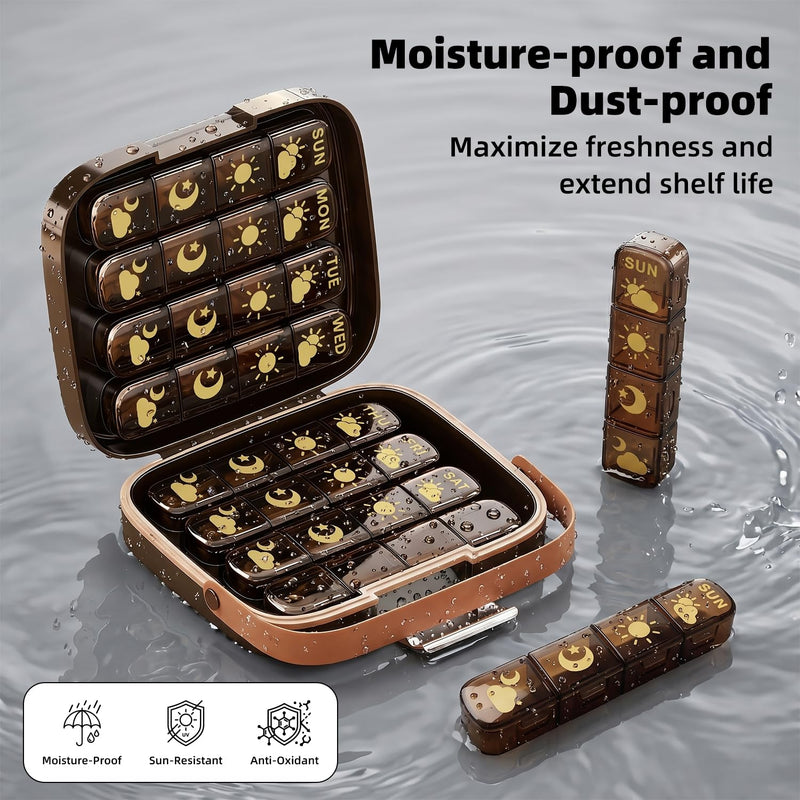 Weekly Pill Organizer 4 Times a Day, 32-Compartment Medicine Box with Moisture-Proof Sealed Lids, Privacy Protection Portable Vitamin Container for Travel Business Trip Elderly(Brown) Brown
