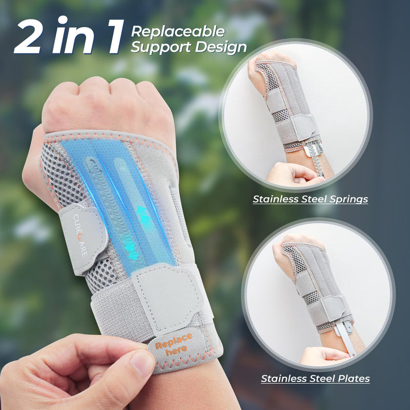 2 in 1 Carpal Tunnel Wrist Brace, 3 Adjustable Stability Wrist Support, Customized Wrist Splint with Replaceable Springs (Right - Grey, S/M) Small Right-Grey