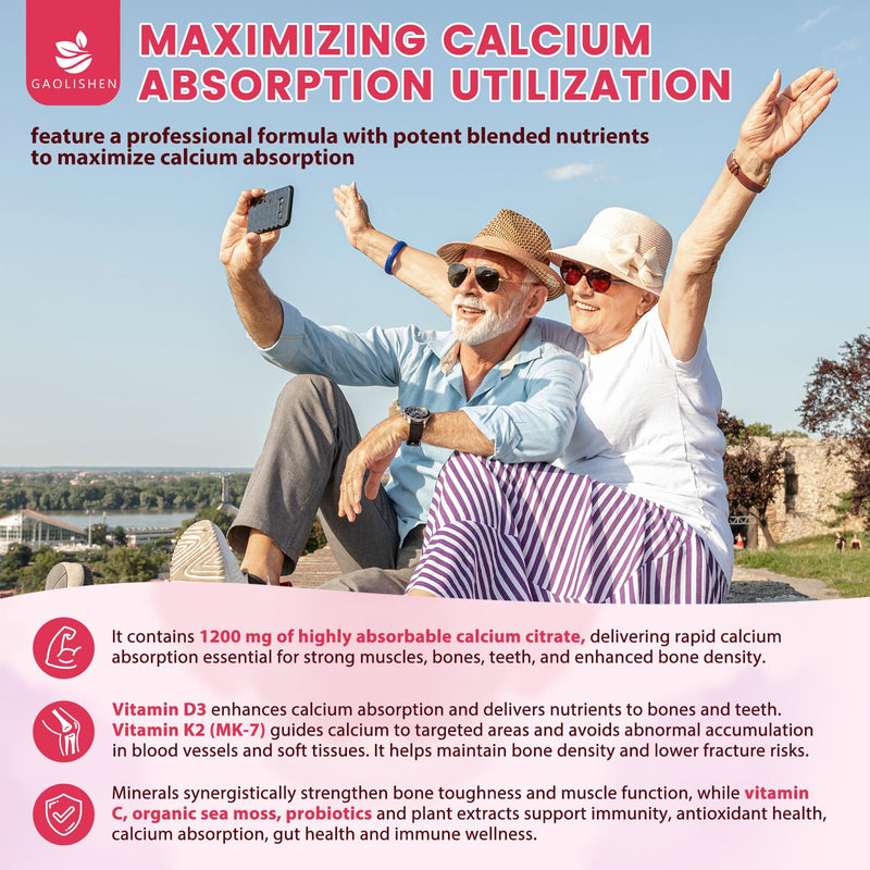 Calcium Citrate 1200 mg Gummies with Vitamin d3, K2, Magnesium, Zinc for Bone, Muscle & Immune Support, High Absorption Calcium Citrate Supplement for Women & Men, Sugar Free - 30 Day Supply