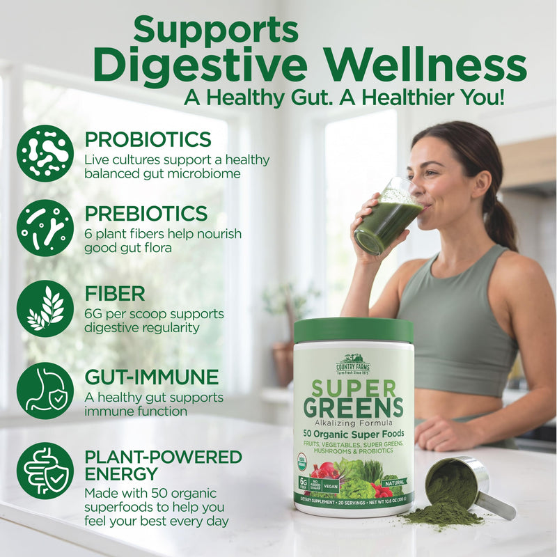 Country Farms Organic Super Greens Powder, 50 Organic Superfoods, Daily Greens Drink Mix with Fruits, Vegetables, Fiber, Probiotics & Mushrooms, Supports Energy, Gut Health & Digestion, Natural Flavor 1 Count (Pack of 1)