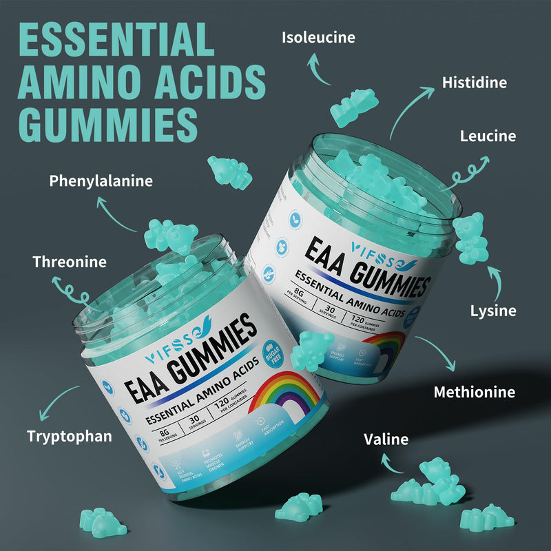 [Australia] - EAA Gummies 120 Gummies (Blue Raspberry), 8000 mg Essential Amino Acids - All 9 Essential Aminos (EAA) and all Branched-Chain Aminos (BCAAs), Non-GMO, Gluten Free, Vegetarian Friendly 120 Count (Pack of 1) 