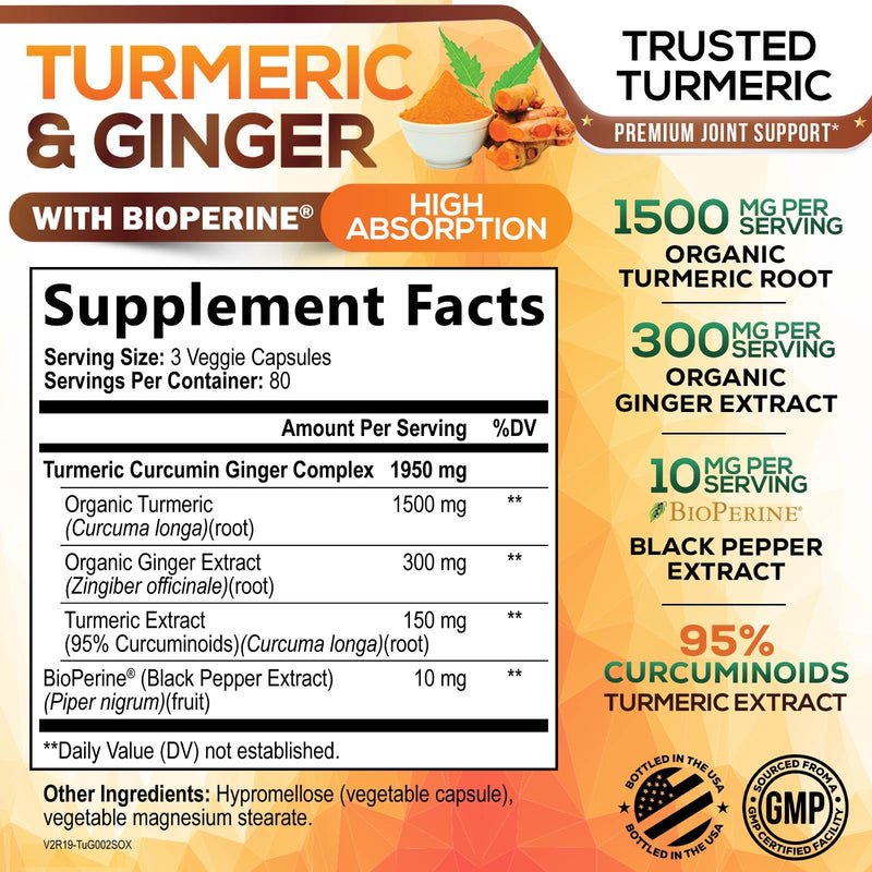 Turmeric Curcumin Supplement - 95% Curcuminoids with Organic Turmeric & Ginger, BioPerine Black Pepper Extract for Best Absorption, Natural Vegan Joint Support, Non-GMO, Bottled in USA - 240 Capsules 240 Count (Pack of 1)