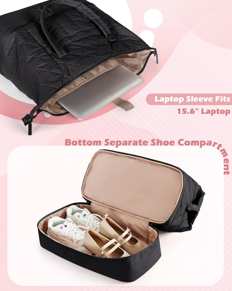 Smasrob Quilted Duffle Bag with Shoe Compartment, Wet Pocket, Laptop Pocket | Weekender Duffel Bag With a Separate Pouch for Travel, Gym, Hospital Labor Delivery Black