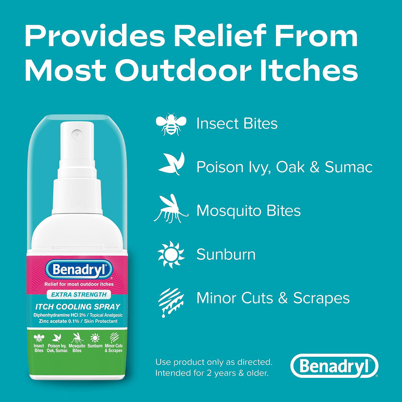 Benadryl Extra Strength Anti-Itch Cooling Spray, Diphenhydramine HCI Topical Analgesic and Zinc Acetate Skin Protectant for Fast Relief from Most Outdoor Itches, Travel Size, 2 fl. oz