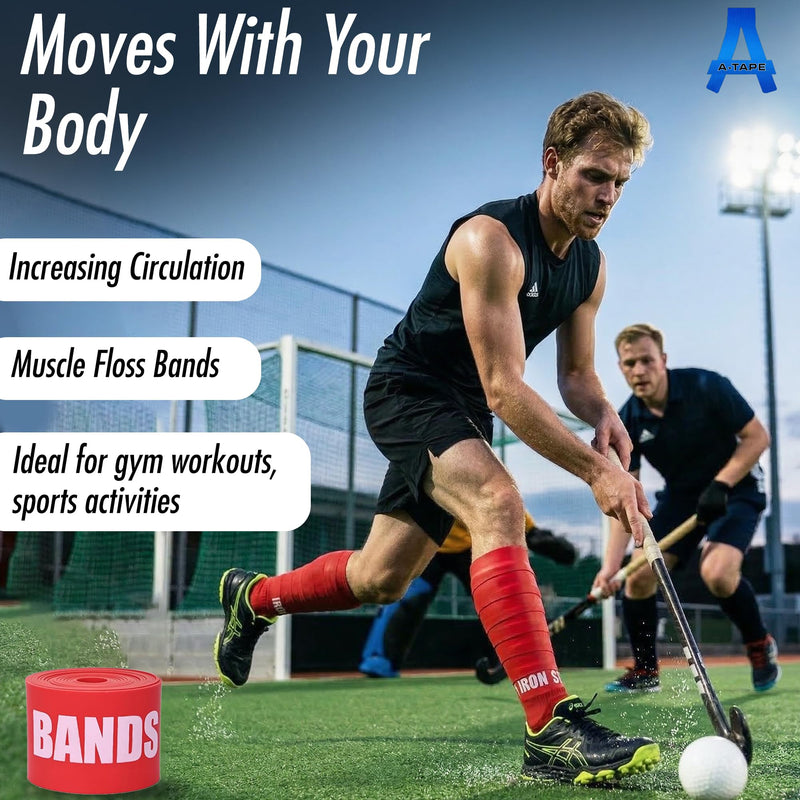 A-TAPE Muscle Floss Bands (5’ Ft Long X 2” inch Width)- Compression Bands - for Improving Movement, Increasing Circulation & Reducing Soreness (Red (Heavy) + Black (Medium))