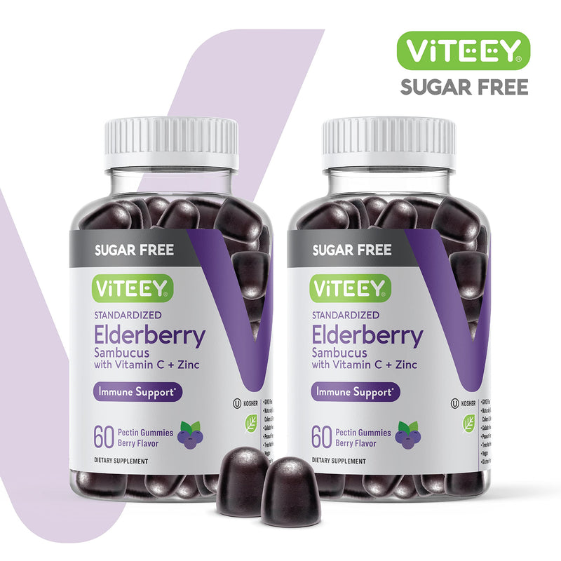 Viteey Sambucus Elderberry Gummies for Adults & Teens + Zinc & Vitamin C | Sugar Free - Immune Support & Booster Herbal Supplement - Vegan, Gluten Free, Gelatin Free, GMO Free, Chewable Berry Flavored 60 Count (Pack of 2)