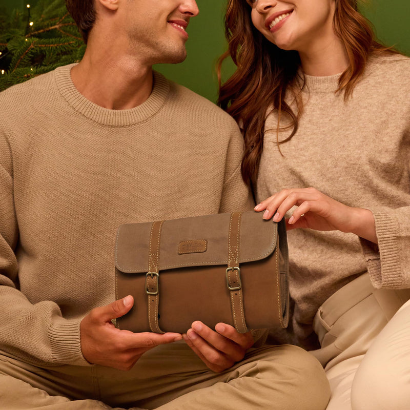 Gusti wash bag Leather-Rodney Toiletry bag wash bag sponge bag toiletries bag washbag make-up bag makeup bag cosmetic bag womens mens brown leather and canvas beige
