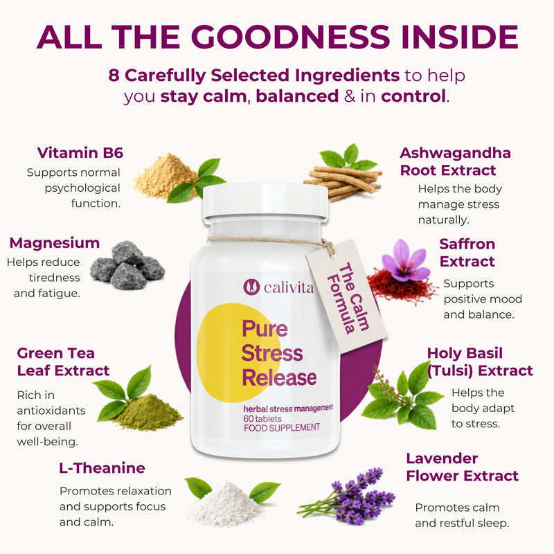 Herbal Stress Support | Pure Stress Release 1664mg | Ashwagandha, Holy Basil, Saffron & L-Theanine | Magnesium & Vitamin B6 | Calm & Relaxation Support | 60 Vegan Tablets
