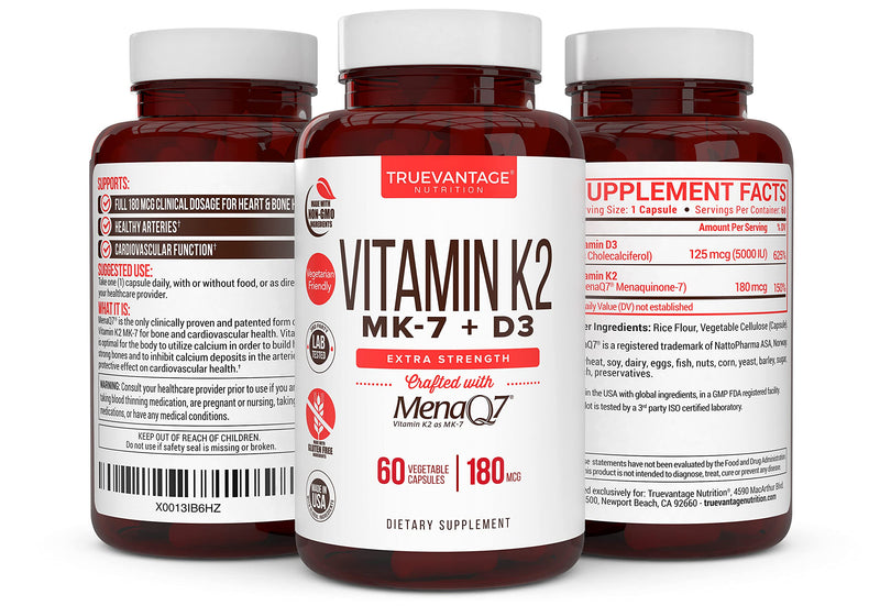 TrueVantage Vitamin K2 MK-7 180 mcg + D3 5000 IU-60 Servings | Supports Bone & Cardiovascular Health, MenaQ7, Vegetable Capsules