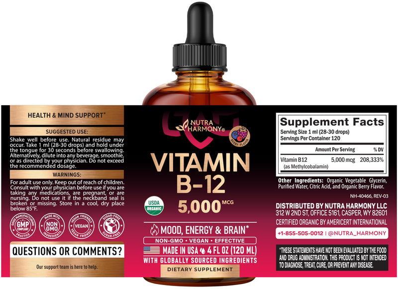 USDA Organic Vitamin B12 Sublingual Drops - Methylcobalamin 5000 mcg - 4 Oz | Vitamin B12 for Women & Men - Energy Boost, Focus & Brain Support - Bioavailable - Berry Flavor, Sugar-Free - 120-Day Supply Drops 4 fl oz