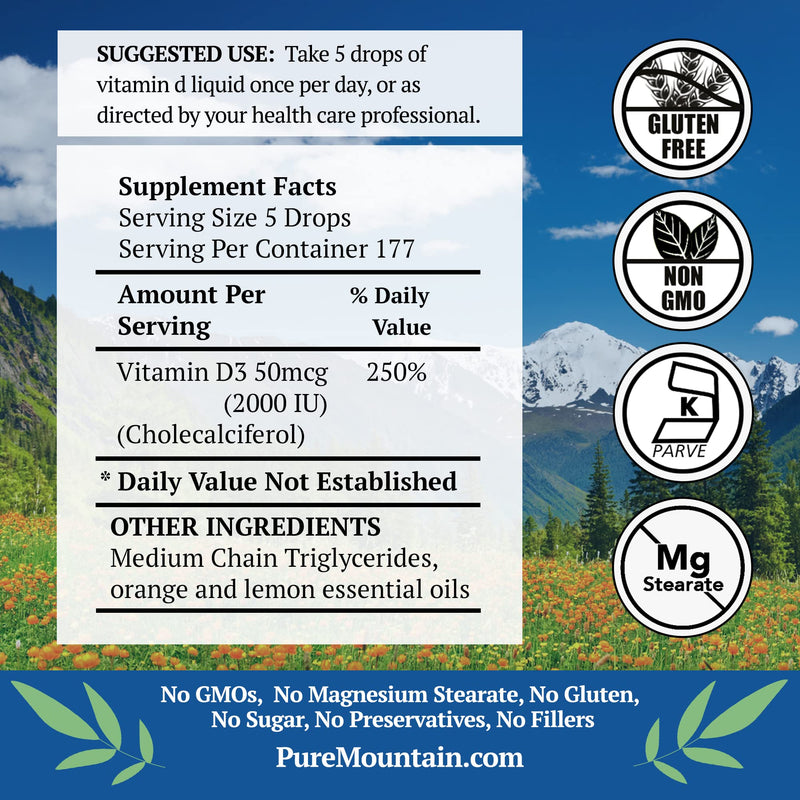 Liquid Vitamin D Drops - 2000 IU Vitamin D3 Supplement - Natural Orange Lemon Flavor in MCT Oil - Pure D3 for Adults and Kids - 1 oz
