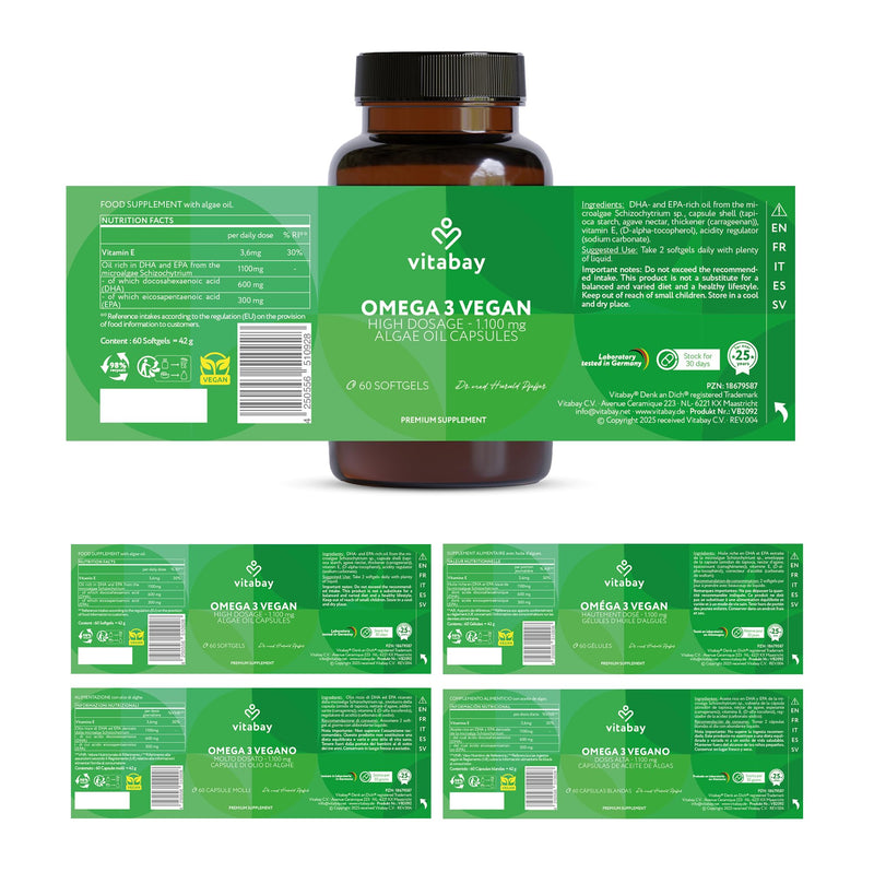 Vitabay Omega-3 Vegan 60 Capsules – 1100 mg Algae Oil with Vitamin E – DHA 600 mg & EPA 300 mg – High Strength – Laboratory Tested in Germany – No Additives – Natural Quality 60 count (Pack of 1)