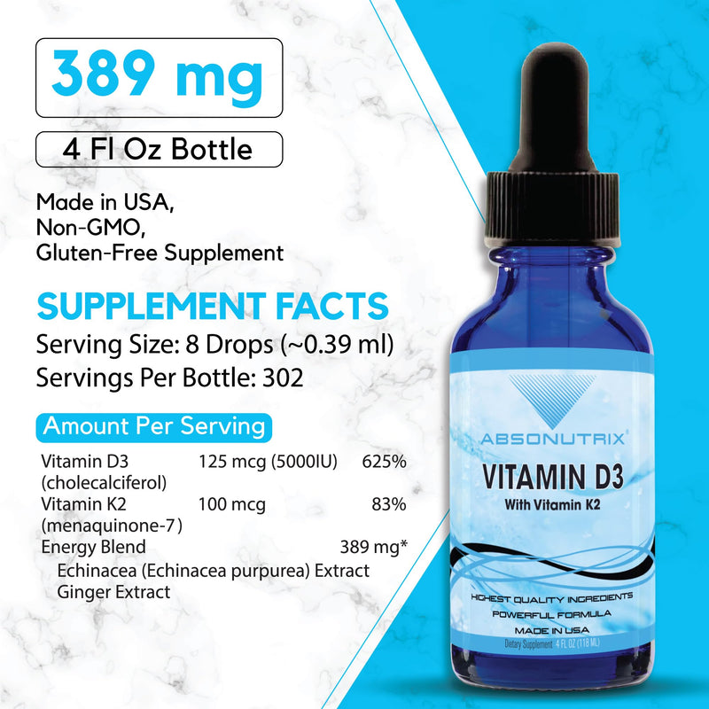 Vitamin D3 K2 Liquid Supplement, 390mg, 4 Oz Liquid | 302 Servings, Made in USA, Quick Absorption, Non-GMO, GMP Certified Vitamin D3 with Vitamin K2
