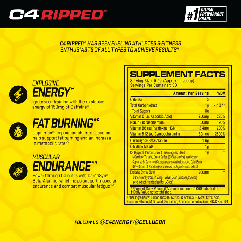 [Australia] - Cellucor C4 Ripped Pre Workout Powder for Energy, Beta Alanine, Sugar Free Energy Supplement Preworkout for Men & Women - 150mg Caffeine + Creatine-Free - ICY Blue Razz - 30 Servings 6.3 Ounce (Pack of 1) 