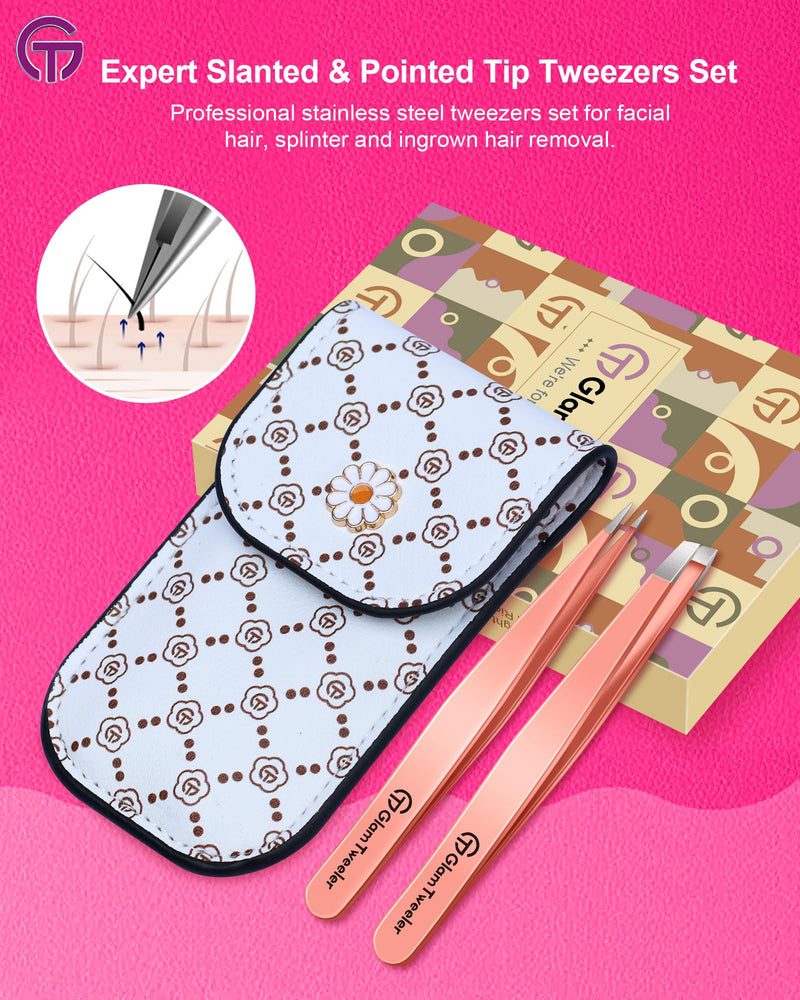 Expert Slant and Point Tip Tweezer Set with Exclusive Travel Case, GlamTweeler Sharp & Precision Tweezer Set for Eyebrows, Facial Hairs & Fine Hairs Removal (Rose Gold)