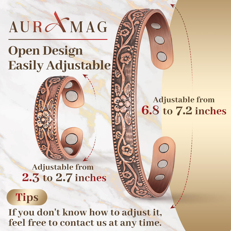 [Australia] - Copper Bracelet for Women, Magnetic Bracelets & Magnetic Rings with 3500 Gauss Magnets, 100% Solid Pure Copper Jewelry Gift Copper-Vintage Flower 