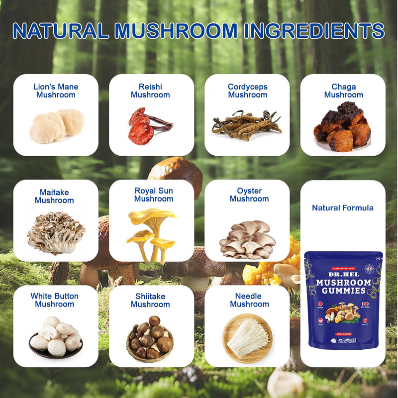 12-in-1 Mushroom Gummies with Lion’s Mane: Enhance Energy & Focus Mushroom Supplement, Reish, Raspberry Flavor, 30 Gummies