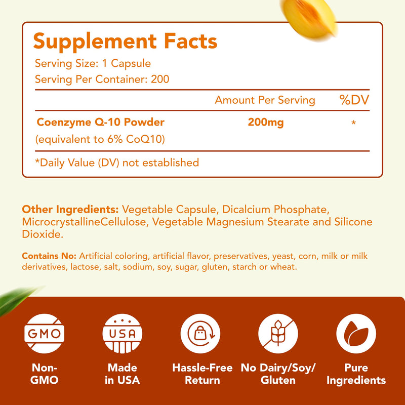 Coenzyme Q10 200mg CoQ10 Supplement - Once Daily Coq 10 200mg Powder Capsules for Healthy Heart Antioxidant and Energy Support - Non-GMO Quick Absorption Ubiquinone Q10 Coenzyme (400 Servings) 200 Count (Pack of 2)