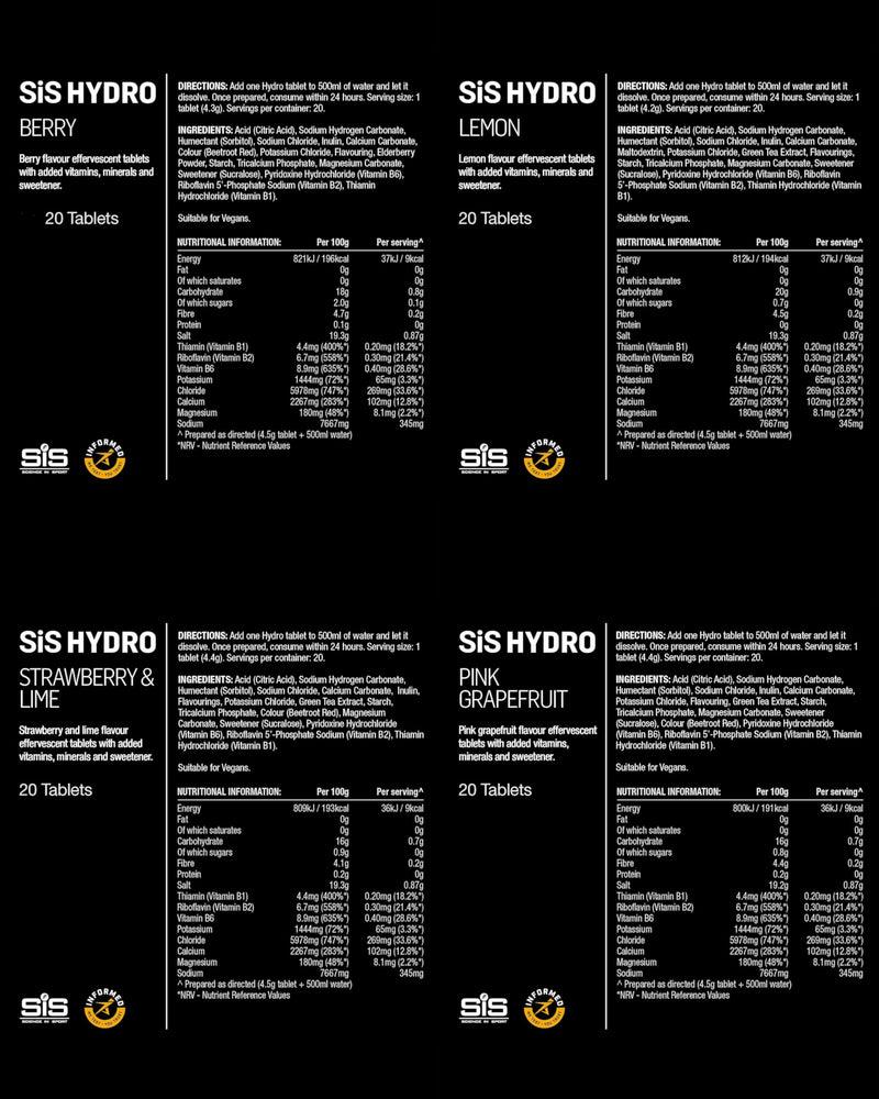SiS Hydro Electrolyte Tablets - Effervescent Hydration - Virtually Calorie‑Free - Informed‑Sport Certified - Dissolves in 500ml Water - 20 Tabs Per Tube (4 Tubes, Mixed Bundle) 1 count (Pack of 4)