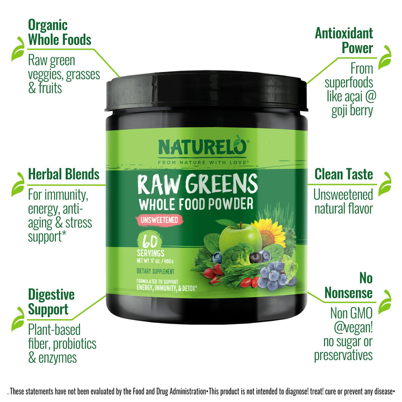 [Australia] - NATURELO Raw Greens Superfood Powder - Unsweetened - Boost Energy, Detox, Enhance Health - Organic Spirulina - Wheat Grass - Whole Food Nutrition from Fruits & Vegetables - 480 Grams 60 Servings (Pack of 1) 