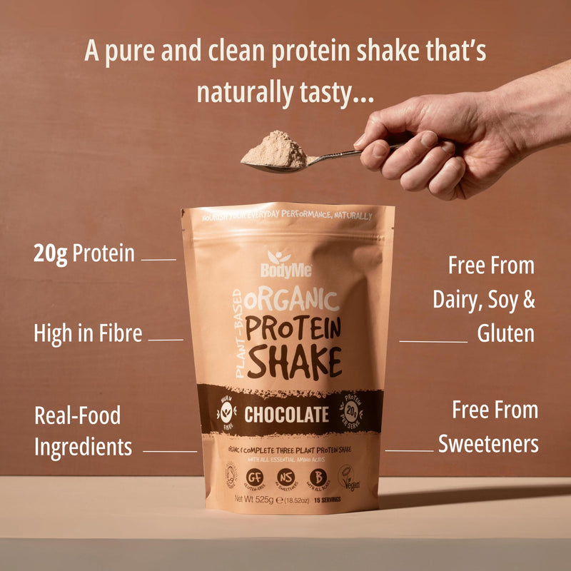 BodyMe Organic Vegan Protein Powder (525g) Chocolate - 20g Complete Protein - Plant Based Nutrition Shake - Gluten Free, Soy Free, Dairy & Lactose Free, Sweetener Free, High Fibre