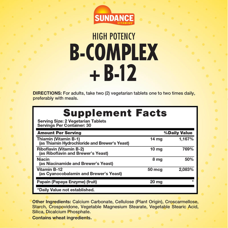 Sundance Vitamin B-Complex | with B-12 | 60 Tablets | High Potency Unflavored 60 Count (Pack of 1)