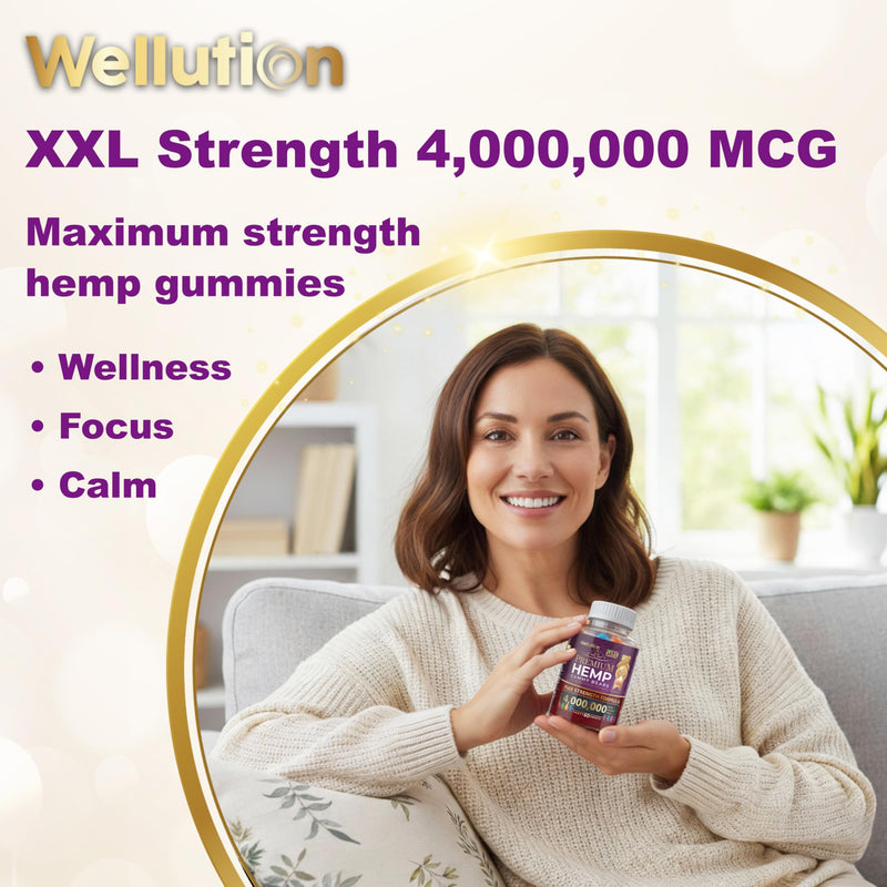 WELLUTION Hemp Gummies XXL 4,000,000 MCG - Vegan Gummy Bears with Natural Hemp Oil, Omega 3-6-9, Vitamins A & D - 60ct
