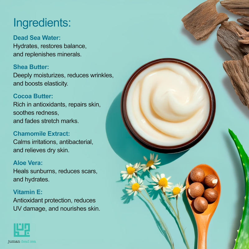 Juman Shea Body Butter with Dead Sea Minerals | Made with Natural Shea and Cocoa Butter | Infused with Plant Extracts, Vitamin E & Chamomile Extract | Oud Scented Skin Butter | 7.1oz Aoud