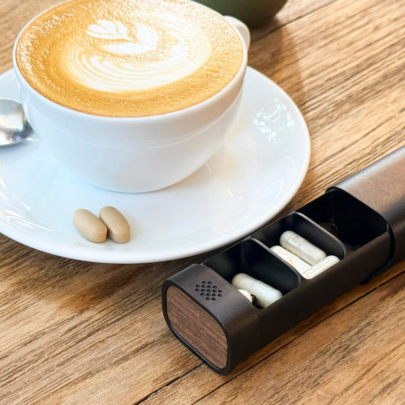 Premium 7-Day Aluminum Pill Organizer – 100% Metal, No Microplastics | Magnetic pill organizer with real wood base - a sleek metal pill case for vitamins, supplements, travel & daily use.