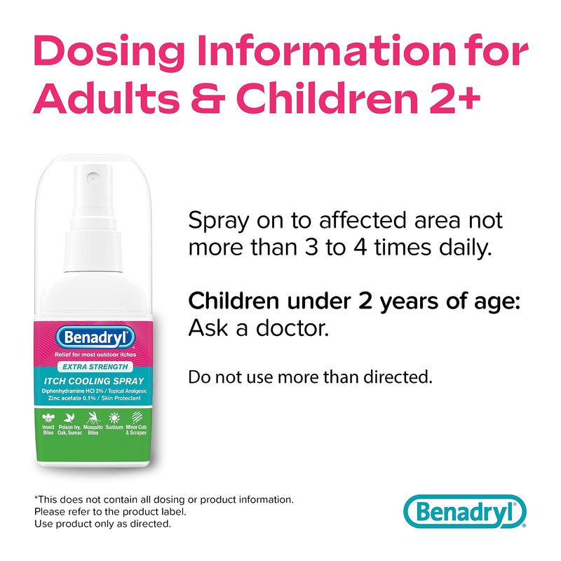 Benadryl Extra Strength Anti-Itch Cooling Spray, Diphenhydramine HCI Topical Analgesic and Zinc Acetate Skin Protectant for Fast Relief from Most Outdoor Itches, Travel Size, 2 fl. oz