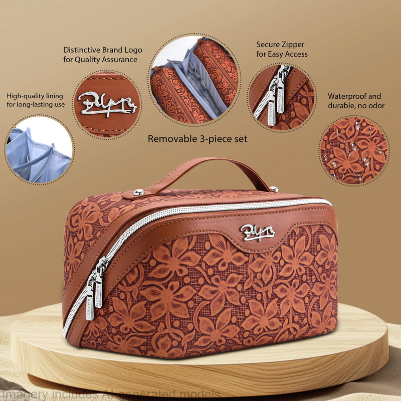 BOYATU Travel Makeup Bag Cosmetic Bags for Women: 3 Pcs Set Make up Bag | Large Capacity Waterproof Vegan Leather Organizer Bags with Compartments - Lay flat Toiletry with Handle (Z-61Brown) Z-61Brown