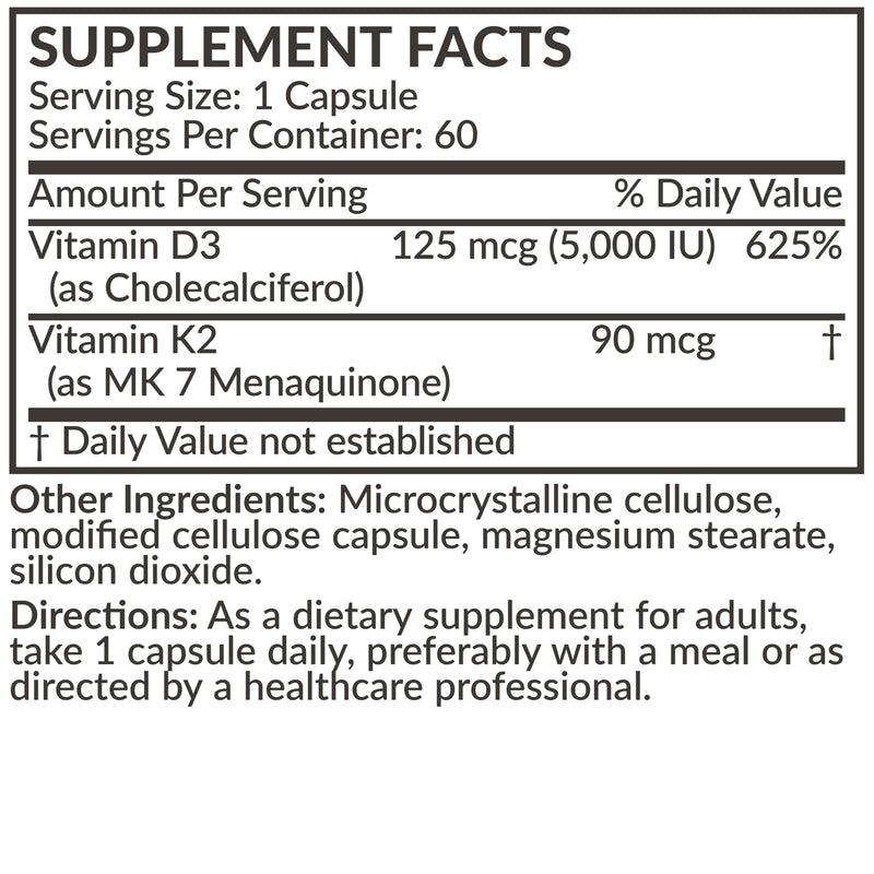 Futurebiotics Vitamin K2 MK-7 90 mcg + D3 5000 IU, 60 Vegetarian Capsules | 2-in-1 Bone, Immune & Heart Health Support, Helps Transport Calcium to Bones, Non-GMO, Gluten-Free & Soy-Free 60 Count (Pack of 1)