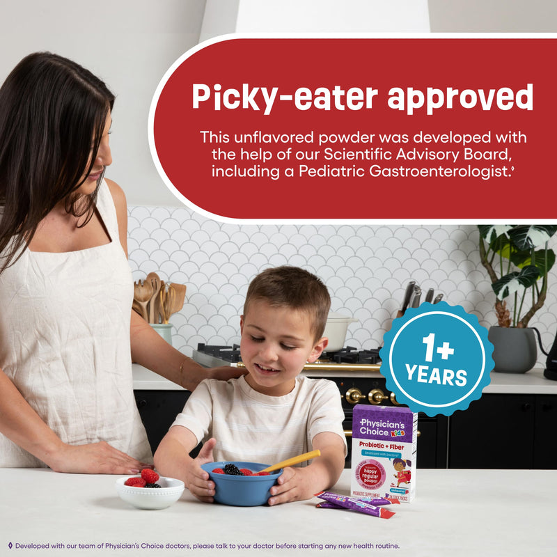 Physician's Choice Kids Probiotic + Prebiotic Fiber Packets (Ages 1+) - Supports Regularity, Occasional Constipation & A Healthy Digestive System - No Allergens or Preservatives - Unflavored - 24 Pack 24 Count (Pack of 1)