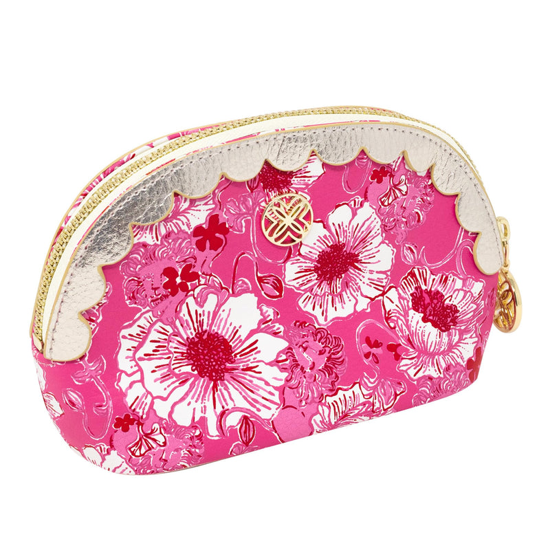 Lilly Pulitzer Vegan Leather Zipper Pouch Set of 2, Large and Small Travel Toiletry Bags with Scallop Edges for Supplies, Makeup or Toiletries (Glowing Garden/Feeling Poppy)