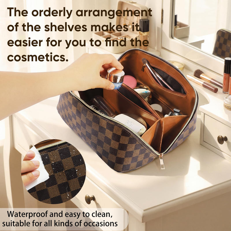 Leather Travel Makeup Bag, Large Capacity Cosmetic Bag for Women, Waterproof Portable Pouch with Divider, Toiletry Organizer with Handle, 10.5x5x5 Inches, Deep Brown