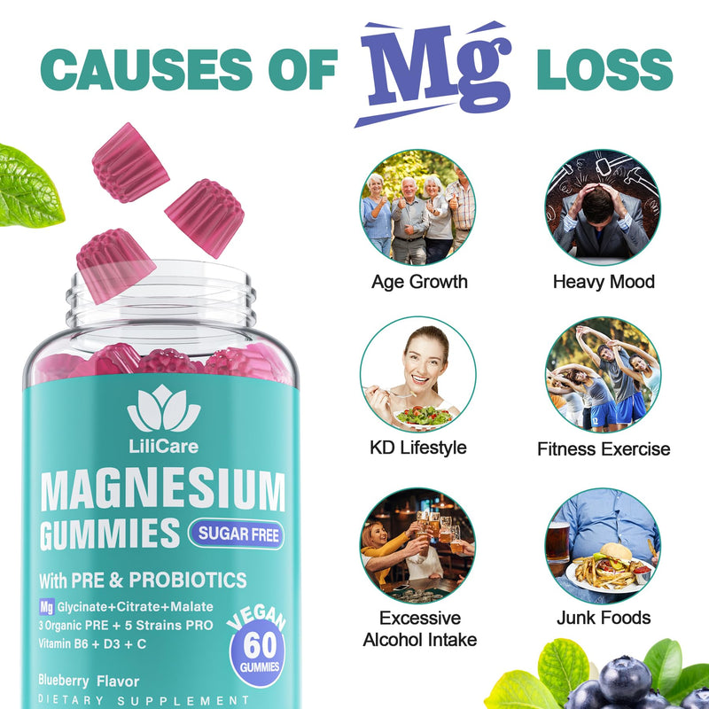 Magnesium Glycinate Citrate Malate Complex Gummies Sugar Free, Vegan, 60ct | Triple Magnesium 400mg with Prebiotics & Probiotics, Calm Gummies Supplement Plus Vitamin B6, D3 & C for Muscles & Mood 60 Count (Pack of 1)