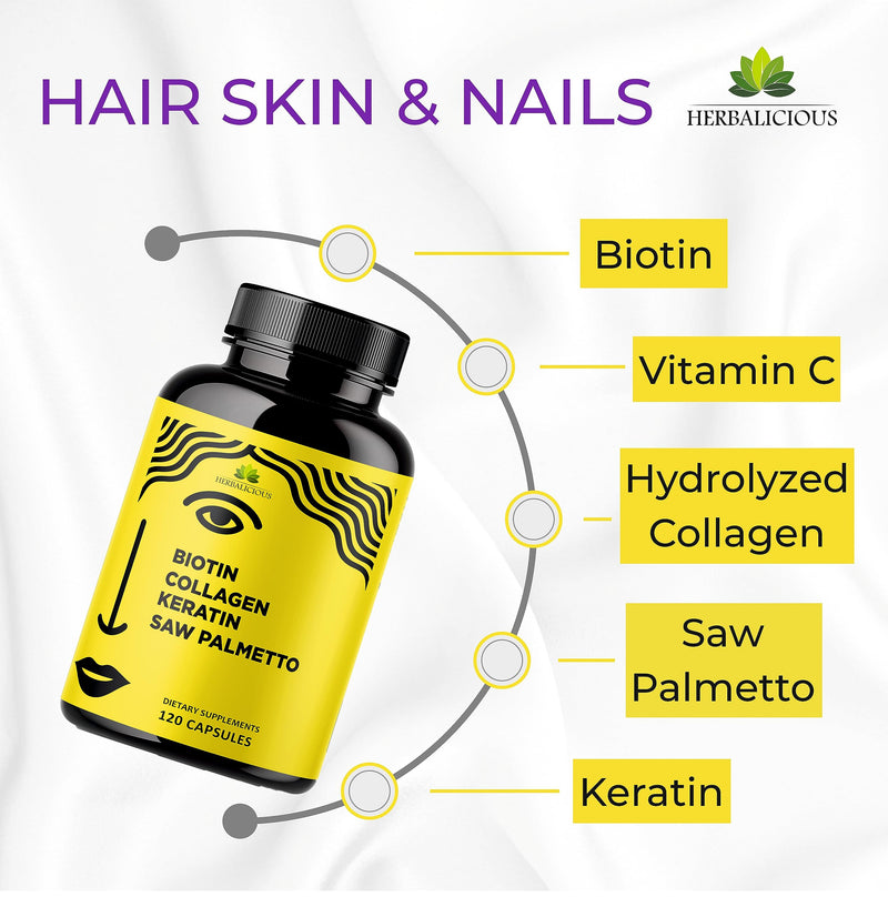 HERBALICIOUS Biotin Collagen Keratin Capsules with Saw Palmetto – Hair Skin Nails Support Formula with Vitamin C – Biotin – Made in USA – 120 Capsules
