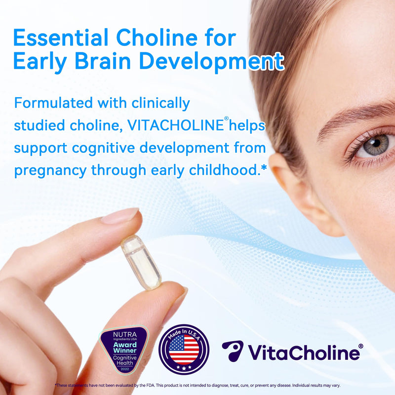 Award Winner -Clinically Dosed 500mg VitaCholine ® - 60 Caps - Liquid Choline Supplement –Support Pregnancy & Baby Brain & Liver Health LDL & HDL Level - Cognitive Health - Made in USA
